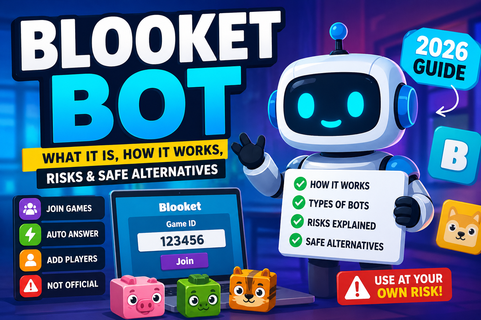 Blooket bot explained with game screen, fake players, and risks in 2026 guide illustration