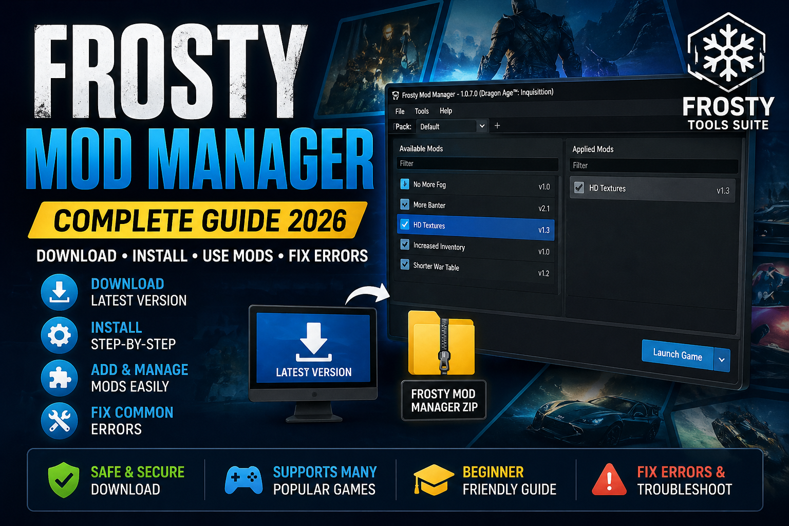 Frosty Mod Manager complete guide showing download, installation steps, mod manager interface, and how to install mods using Frosty Tool Suite