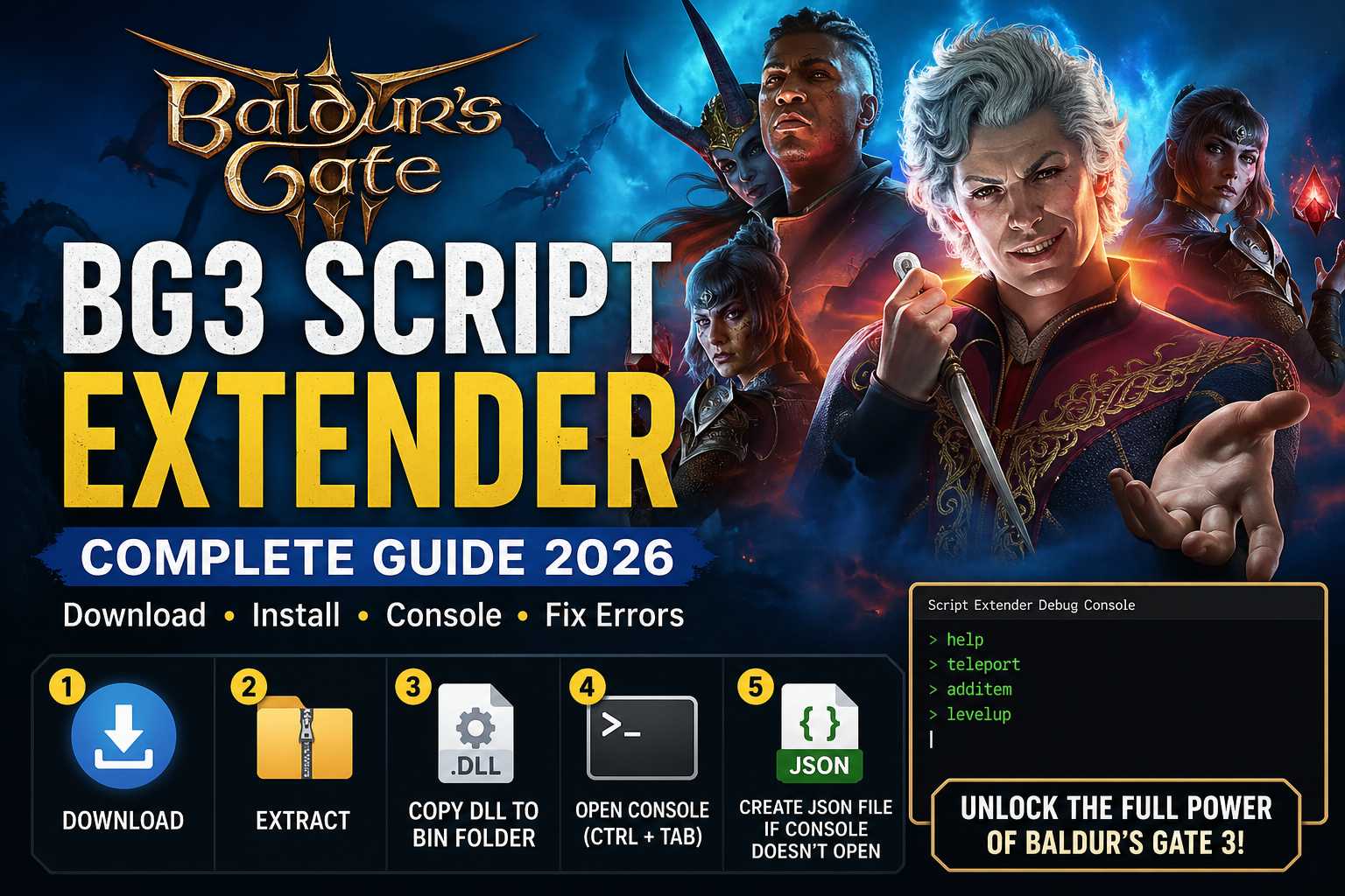 BG3 script extender installation guide showing download extract dll file to bin folder and console setup step by step